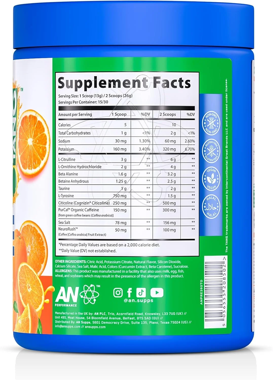 مکمل پودری پیش از تمرین AN Performance برای مردان و زنان | ترکیب نوشیدنی انرژی زا با 300 میلی گرم کافئین + بتا آلانین + سیترولین | تست شده توسط شخص ثالث | طعم پرتقال تانگ | 30 سروینگ