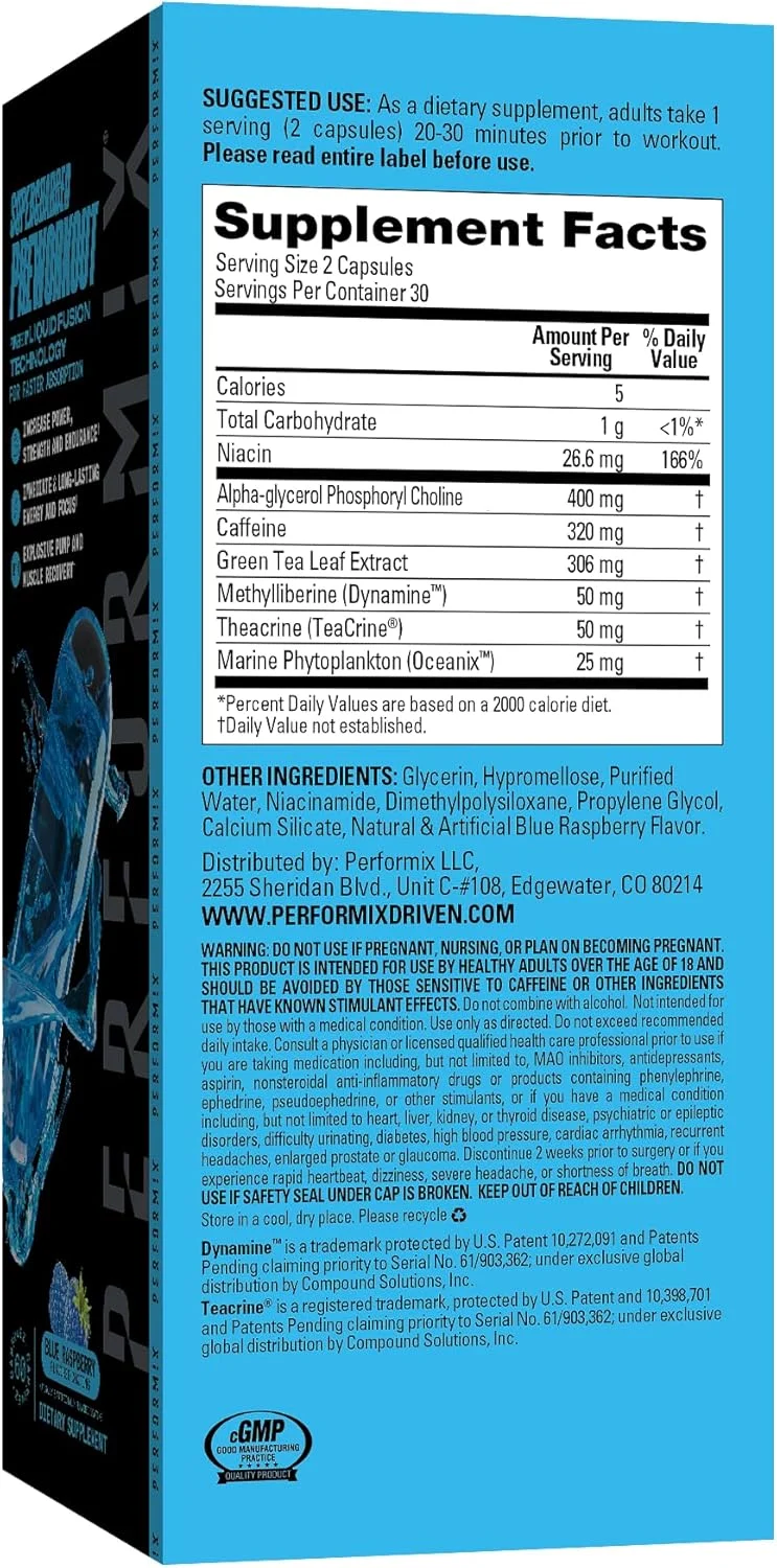 مکمل پیش از تمرین فوق العاده پرفورمیکس - انرژی پایدار، استقامت و تمرکز - حاوی Oceanix و Alpha GPC برای تمرینات سخت و بدنسازی (60 کپسول)