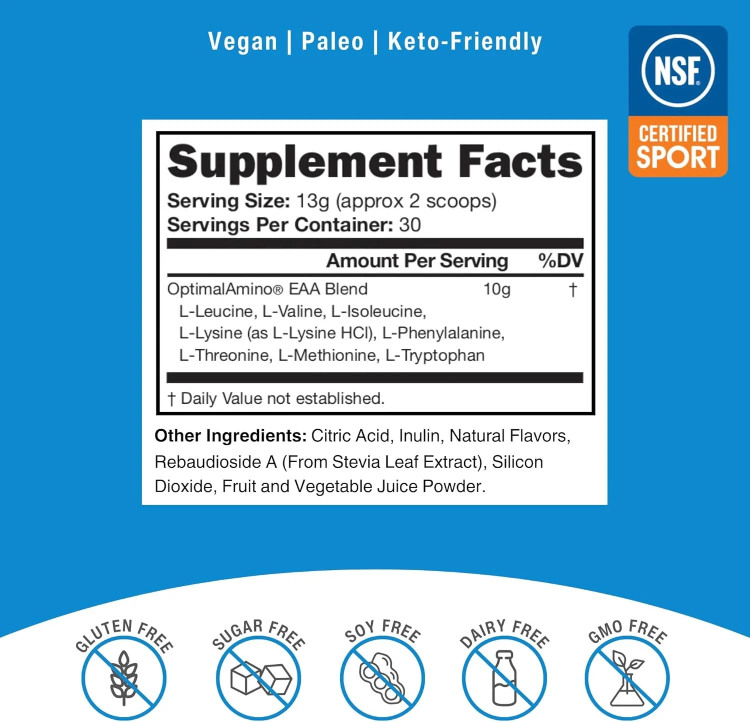 نوشیدنی ریکاوری قبل/بعد تمرین OptimalAmino®، مکمل اسید آمینه ضروری با جذب 99٪، دارای گواهی NSF Certified for Sport®
