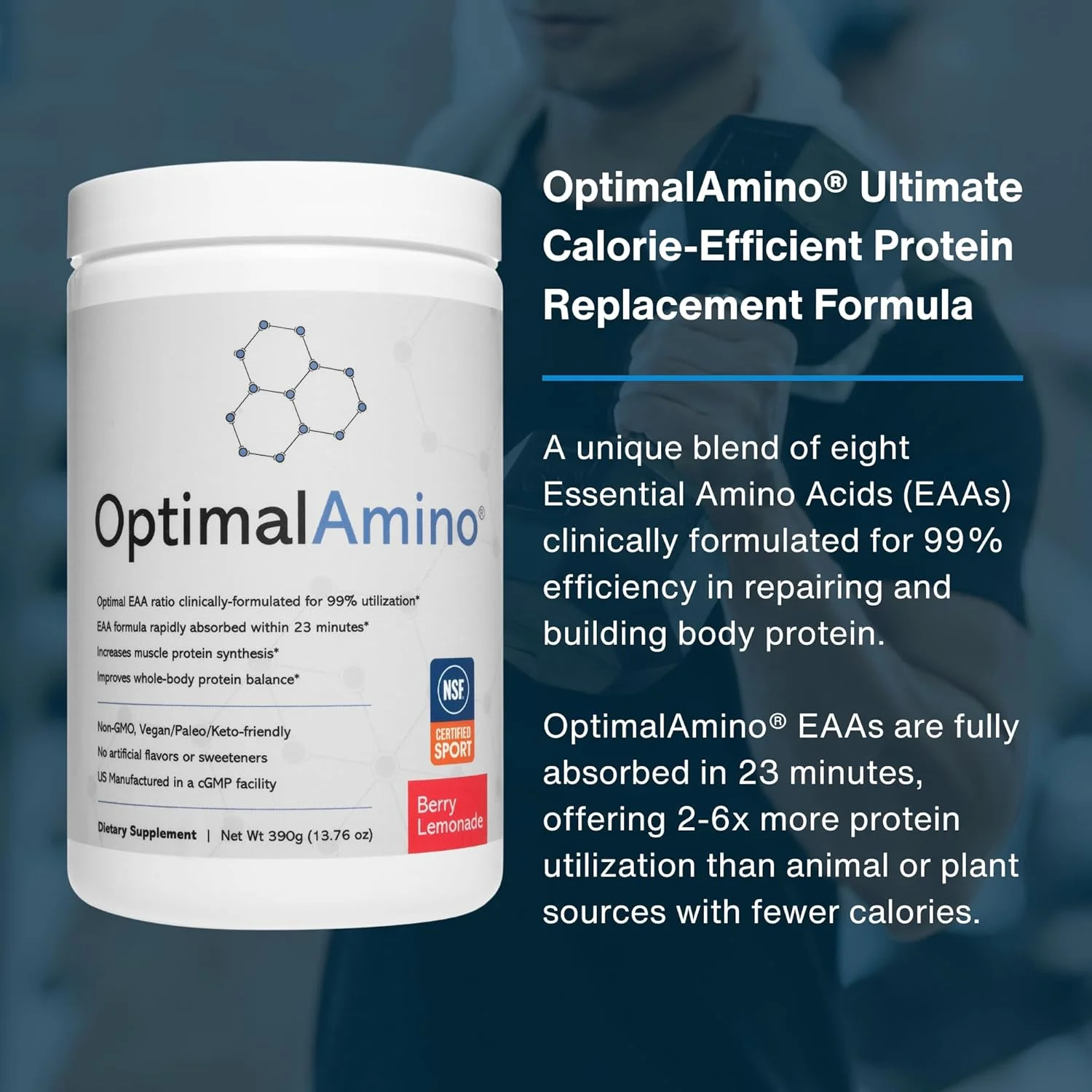 نوشیدنی ریکاوری قبل/بعد تمرین OptimalAmino®، مکمل اسید آمینه ضروری با جذب 99٪، دارای گواهی NSF Certified for Sport®