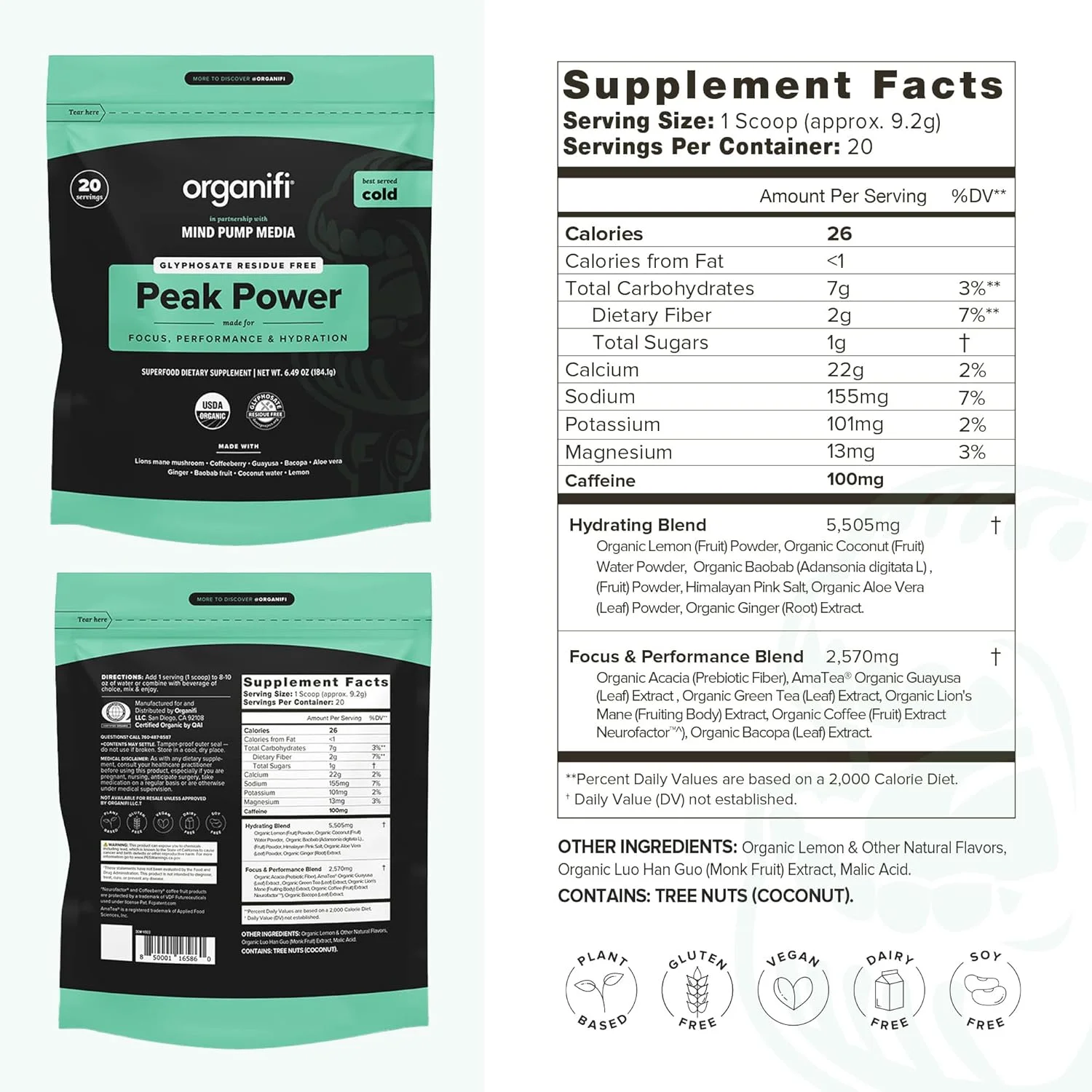 پودر قبل از تمرین ارگانیفای پیک پاور، برای پشتیبانی از هیدراتاسیون، حاوی یال شیر و گوایوسا