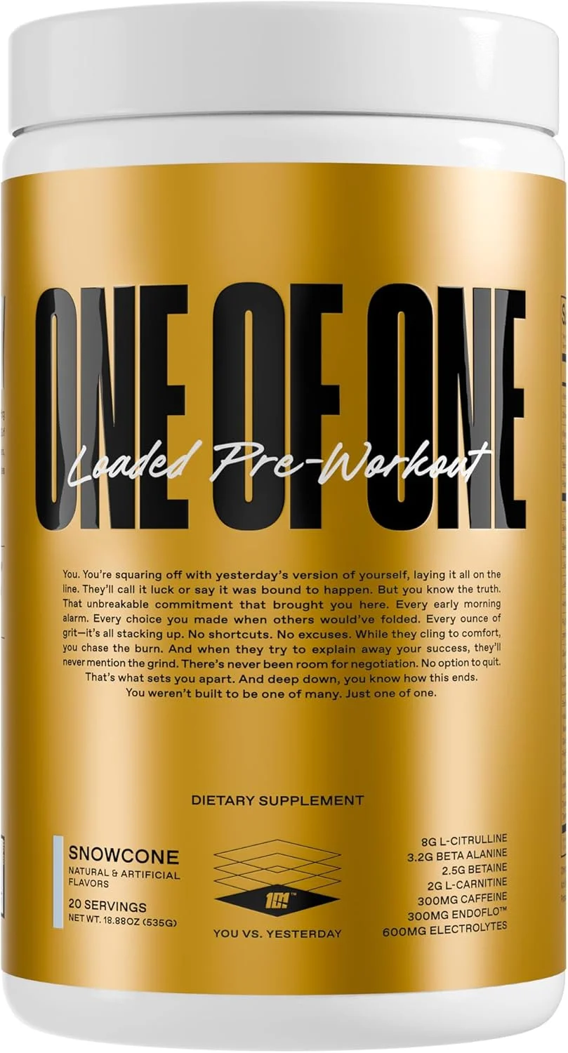 مکمل قبل از تمرین ONE OF ONE - انرژی، تمرکز و استقامت بالا با EndoFlo™، Genius Pure™ Alpha GPC، NeuroRush™، Dynamine®، بدون افت انرژی، بدون گلوتن - طعم Snow Cone