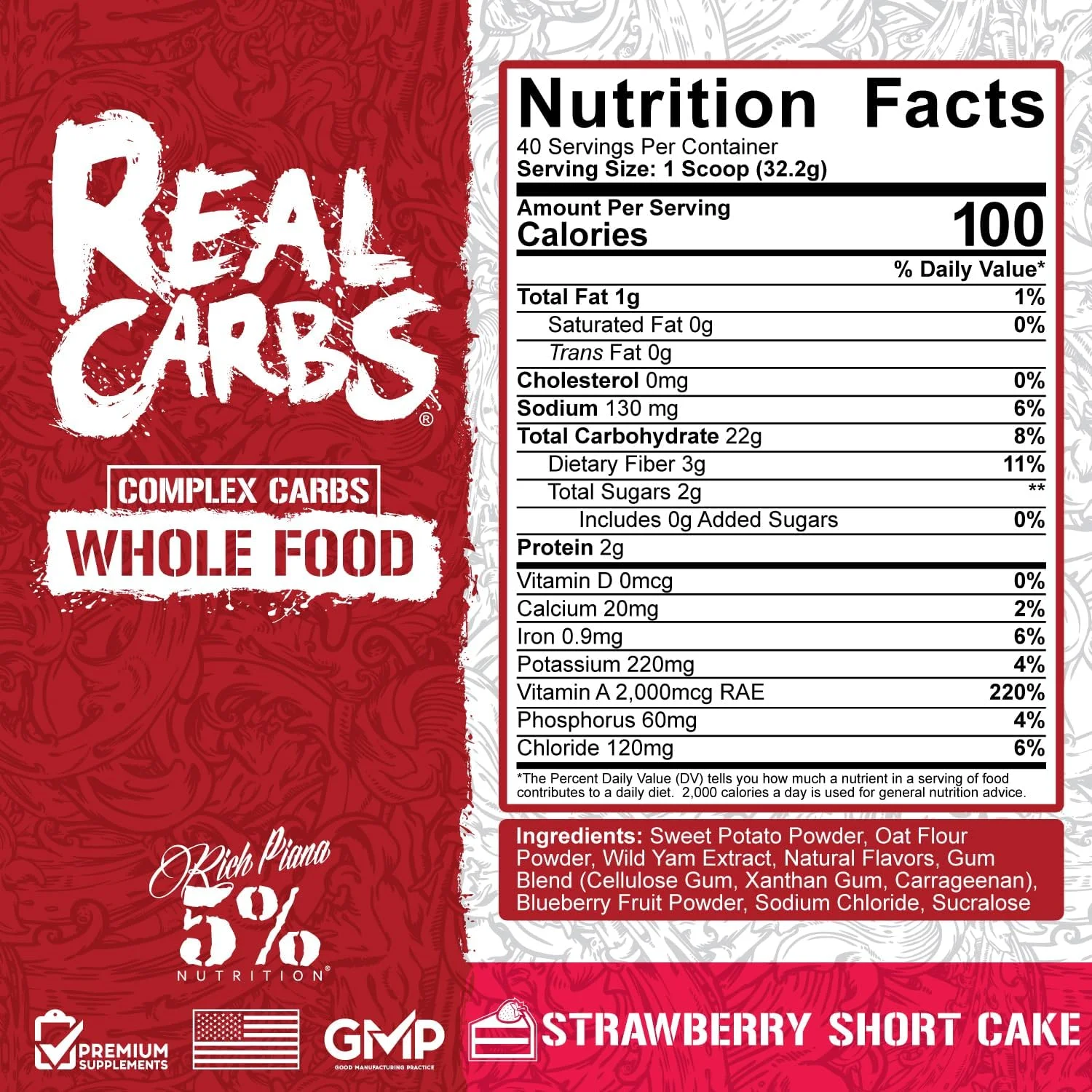 پودر کربوهیدرات کمپلکس 5% نوتریشن ریچ پیانا Real Carbs با کمپلکس غذای واقعی، انرژی پایدار با گلیسمی پایین برای وعده غذایی قبل/بعد از تمرین، 1.29 کیلوگرم، 40 سروینگ (توت فرنگی)