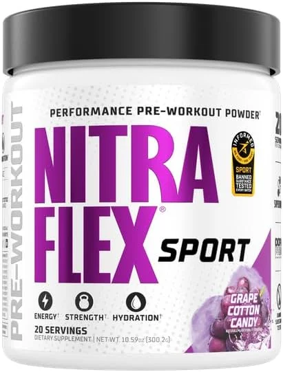 پودر مکمل ورزشی نیترافلکس اسپورت با طعم انگور پشمک، تست شده برای مواد ممنوعه، سیترولین، بتائین، الکترولیت ها، آبرسانی، بورون، برای آقایان و بانوان، 20 سروینگ