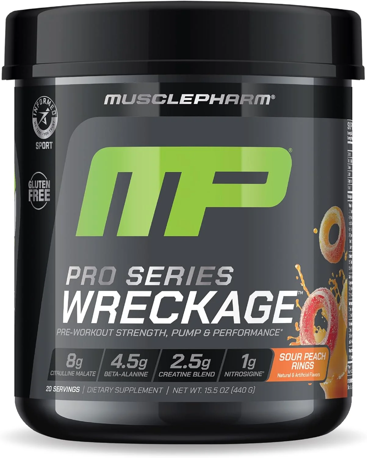 پودر مکمل قبل از تمرین Muscle Pharm Pro Series Wreckage | ترکیب حرفه ای 8 در 1 برای قدرت، پمپ، تمرکز و عملکرد اکسید نیتریک | طعم حلقه هلو، 440 گرم، 20 سروینگ