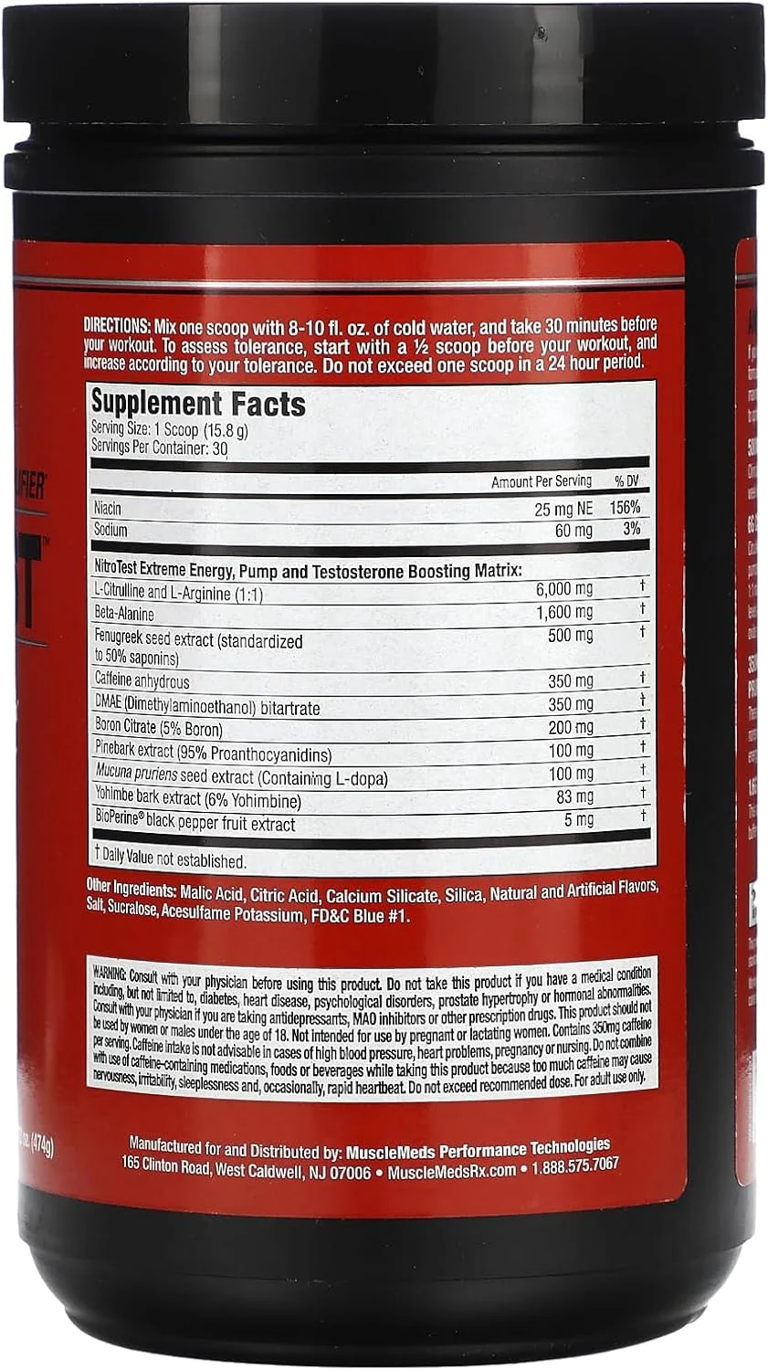 نوشیدنی مکمل قبل از تمرین MuscleMeds Nitrotest، افزایش اکسید نیتریک، تستوسترون، تمشک آبی، 30 سروینگ، 472 گرم، 1 عدد