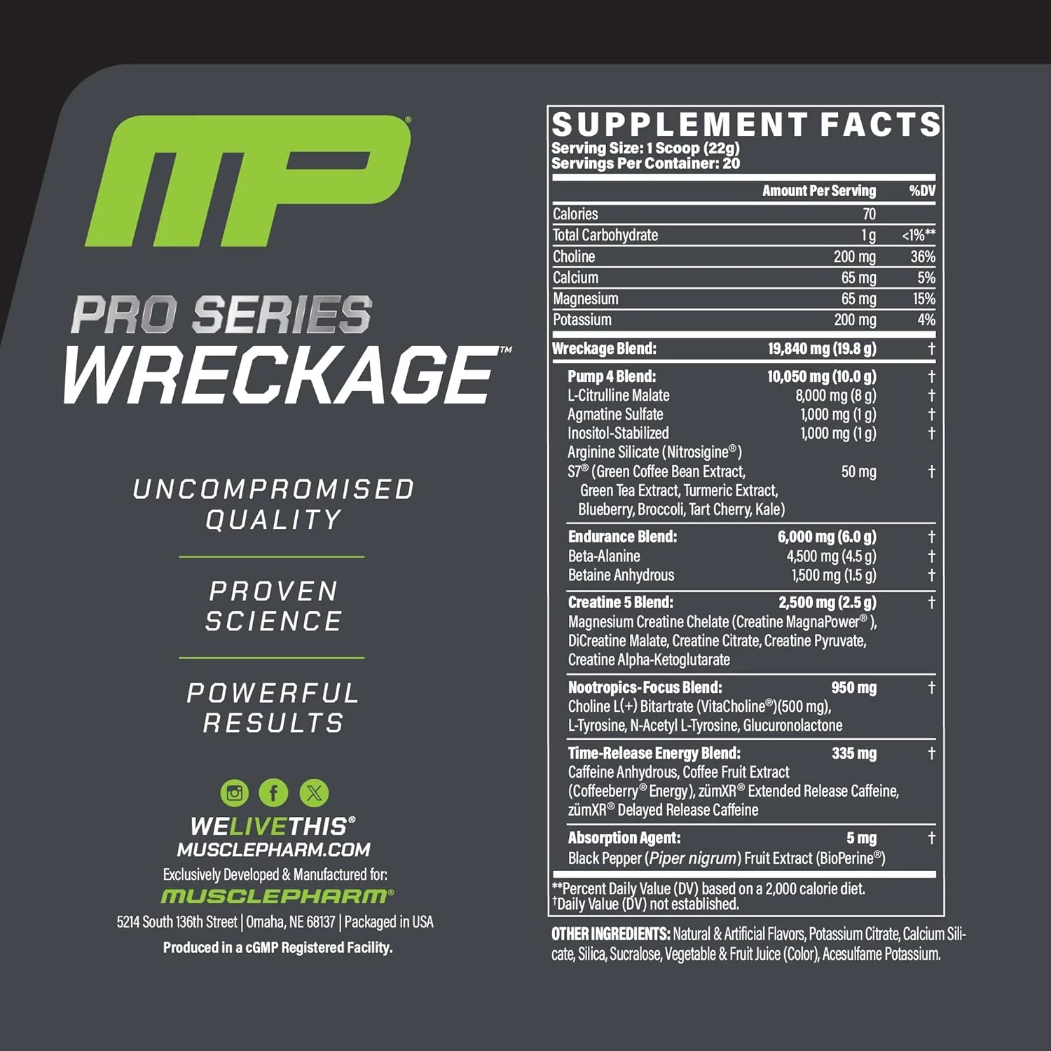 پودر مکمل قبل از تمرین Muscle Pharm Pro Series Wreckage | ترکیب حرفه ای 8 در 1 برای قدرت، پمپ، تمرکز و عملکرد اکسید نیتریک | طعم حلقه هلو، 440 گرم، 20 سروینگ