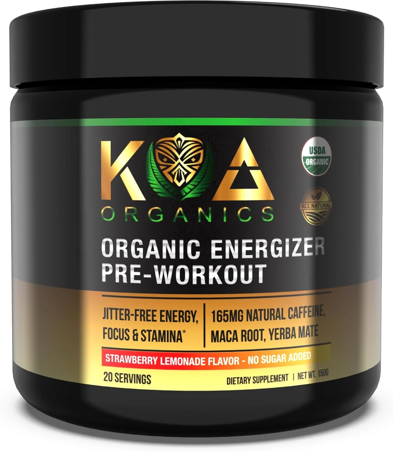 پودر انرژی زا ارگانیک KOA Organics - انرژی زا طبیعی و گیاهی ارگانیک دارای گواهی USDA برای آقایان و بانوان با 165 میلی گرم کافئین ارگانیک، ریشه ماکا، یربا ماته + گیاهان دارویی برای انرژی و تمرکز - طعم لیموناد توت فرنگی - 150 گرم