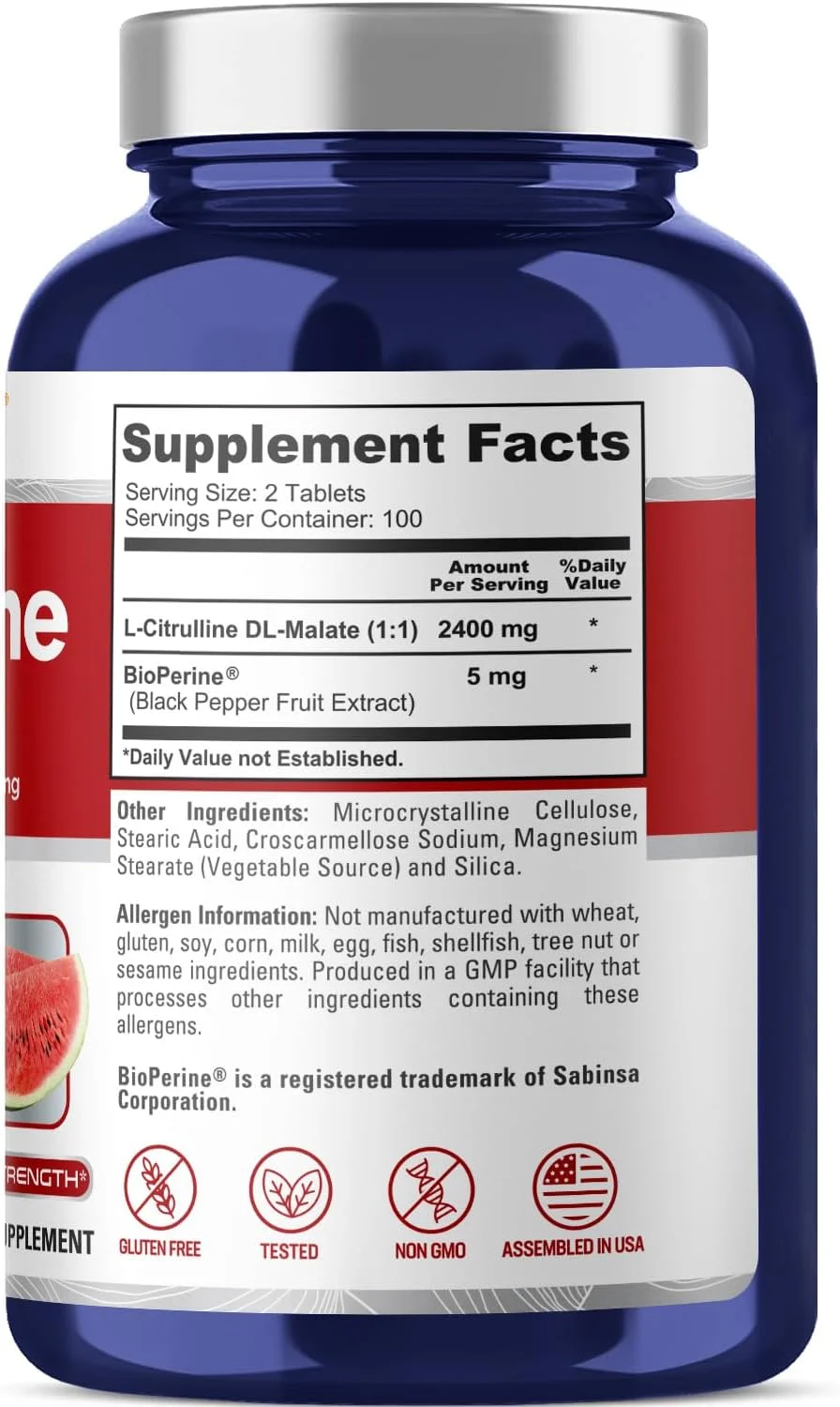 نوساپیور ال-سیترولین 2400 میلی گرم، 200 قرص گیاهی (غیر تراریخته، بدون گلوتن، تامین 100 روزه، بیوپرین)