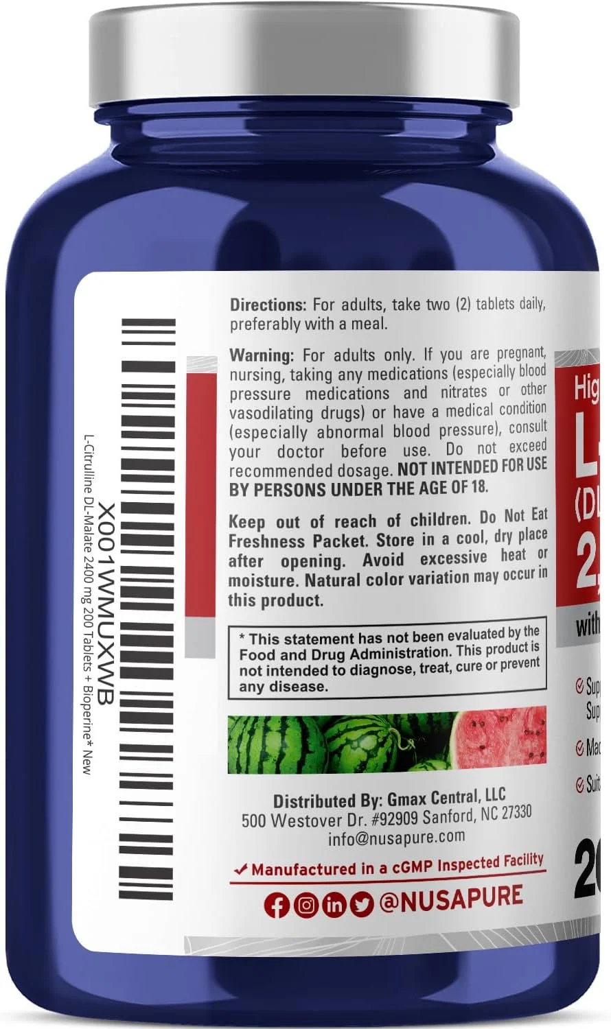 نوساپیور ال-سیترولین 2400 میلی گرم، 200 قرص گیاهی (غیر تراریخته، بدون گلوتن، تامین 100 روزه، بیوپرین)