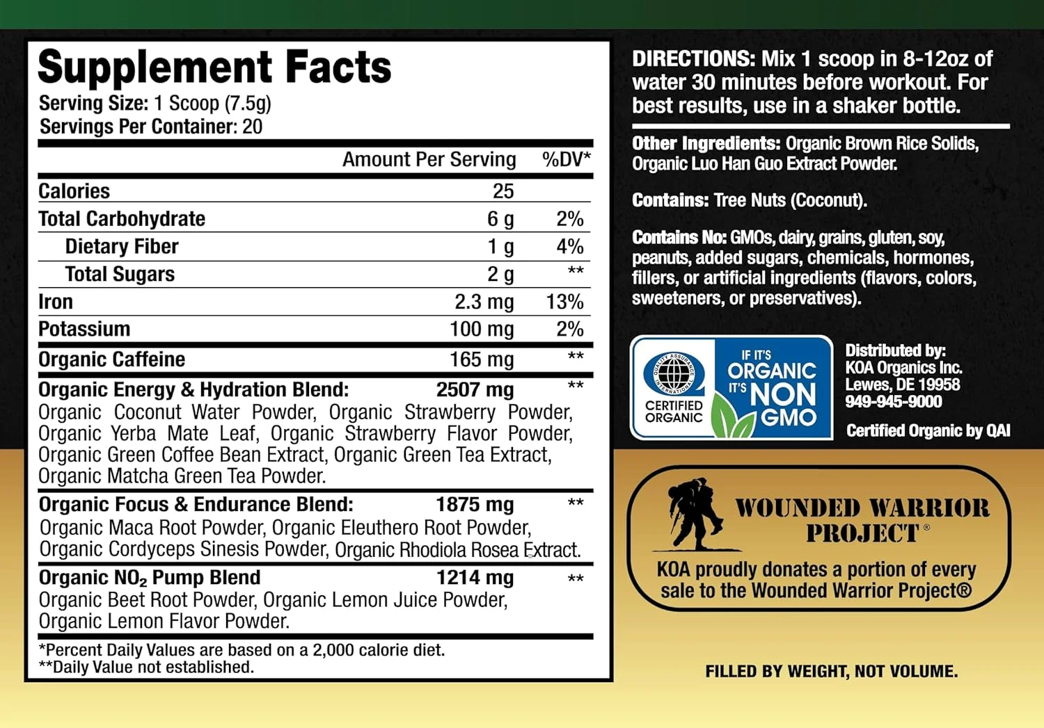پودر انرژی زا ارگانیک KOA Organics - انرژی زا طبیعی و گیاهی ارگانیک دارای گواهی USDA برای آقایان و بانوان با 165 میلی گرم کافئین ارگانیک، ریشه ماکا، یربا ماته + گیاهان دارویی برای انرژی و تمرکز - طعم لیموناد توت فرنگی - 150 گرم