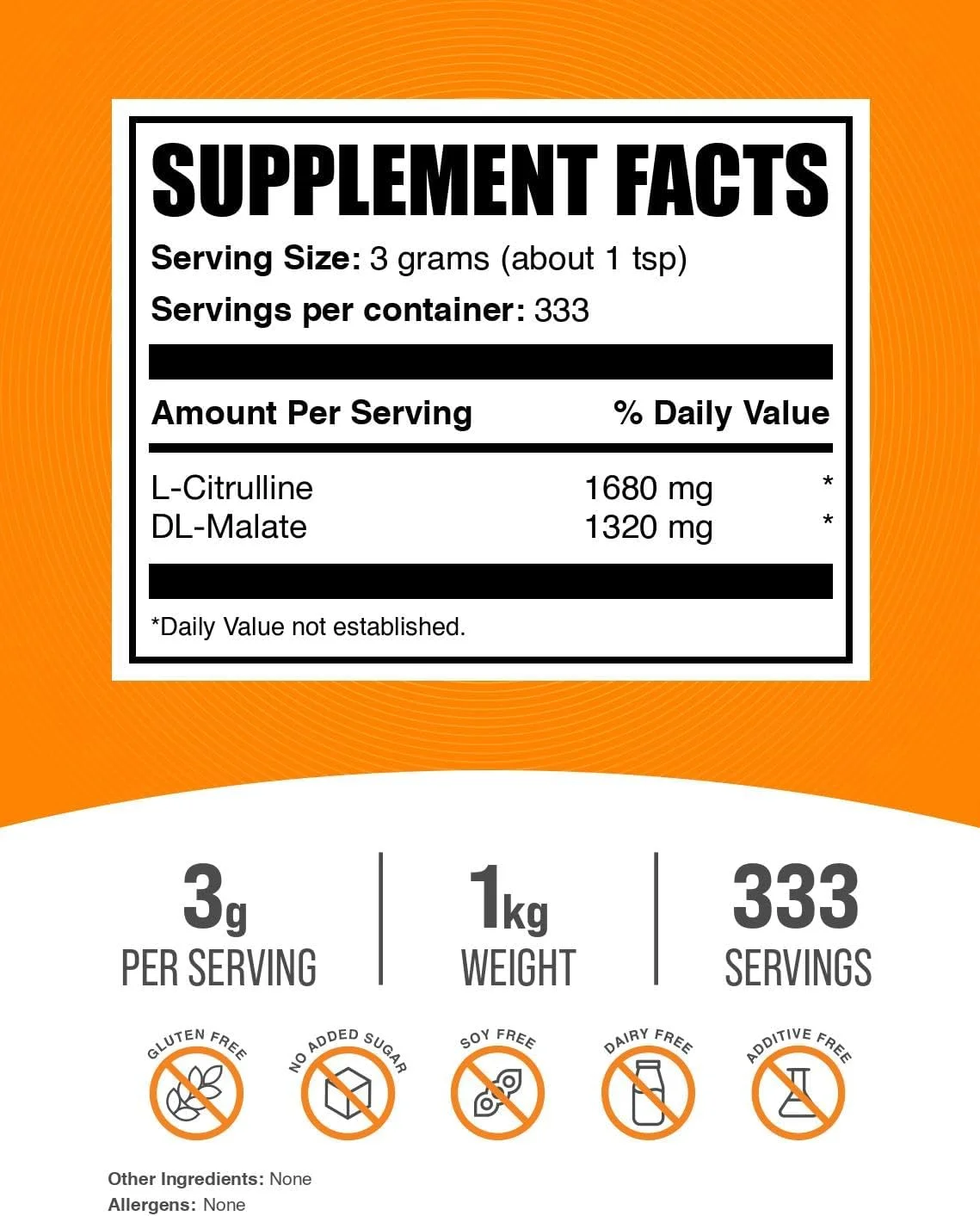 پودر ال-سیترولین مالات 1:1 BulkSupplements.com - پودر سیترولین، مکمل آمینو اسید - بدون طعم و گلوتن - 3 گرم در هر وعده، 1 کیلوگرم (2.2 پوند) (بسته 1 عددی)