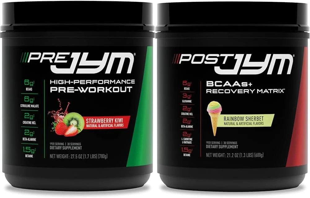 مکمل علمی JYM، پری جیم، 30 سروینگ - کیوی توت فرنگی و مکمل بعد از تمرین با BCAA، گلوتامین، کراتین HCL، بتا آلانین و طعم رنگین کمانی، 30 سروینگ، 21.2 اونس