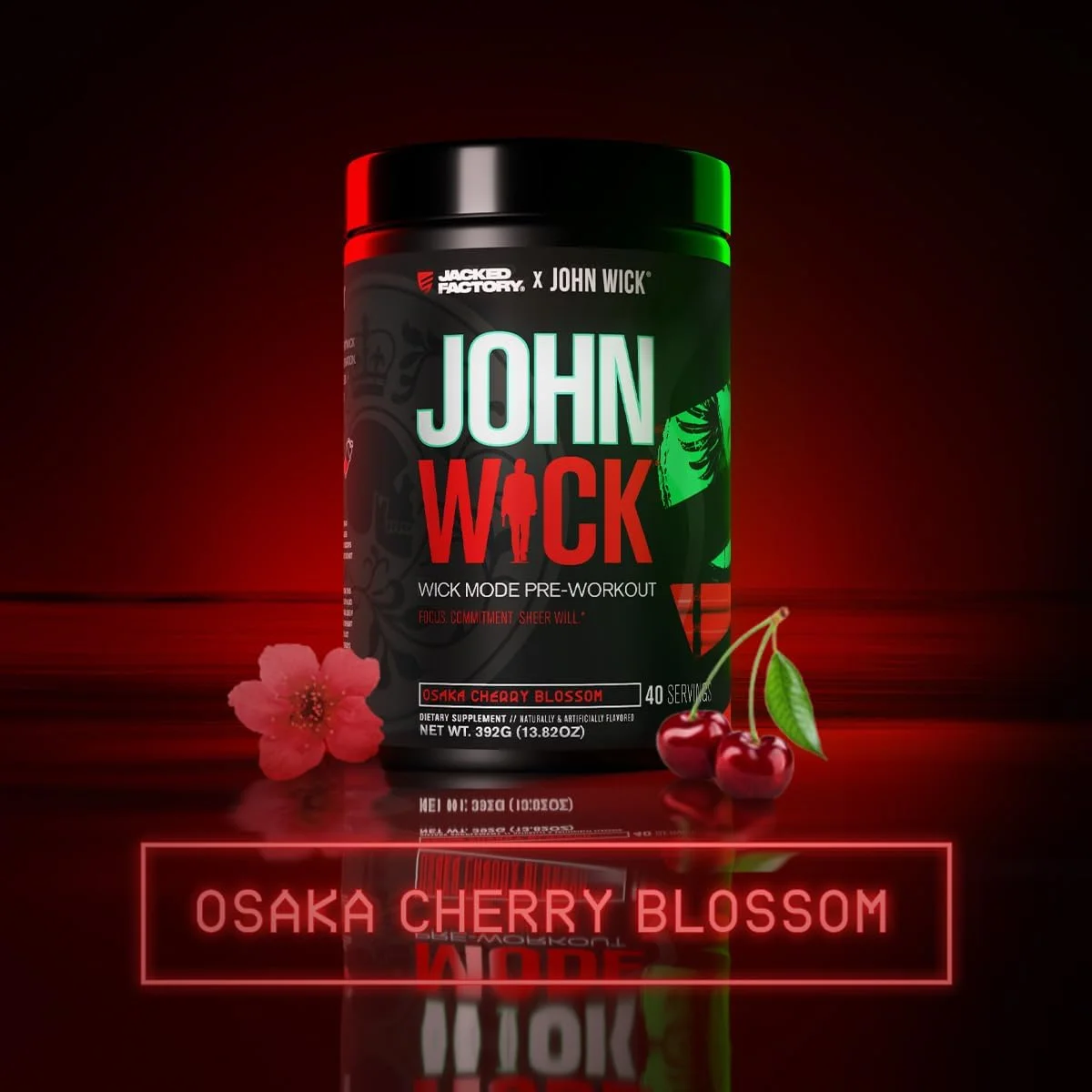 پودر مکمل قبل از تمرین Jacked Factory X John Wick - حالت Wick - انرژی شدید، تمرکز عالی، تعهد توقف ناپذیر و اراده محض - 40 سروینگ، شکوفه گیلاس اوزاکا