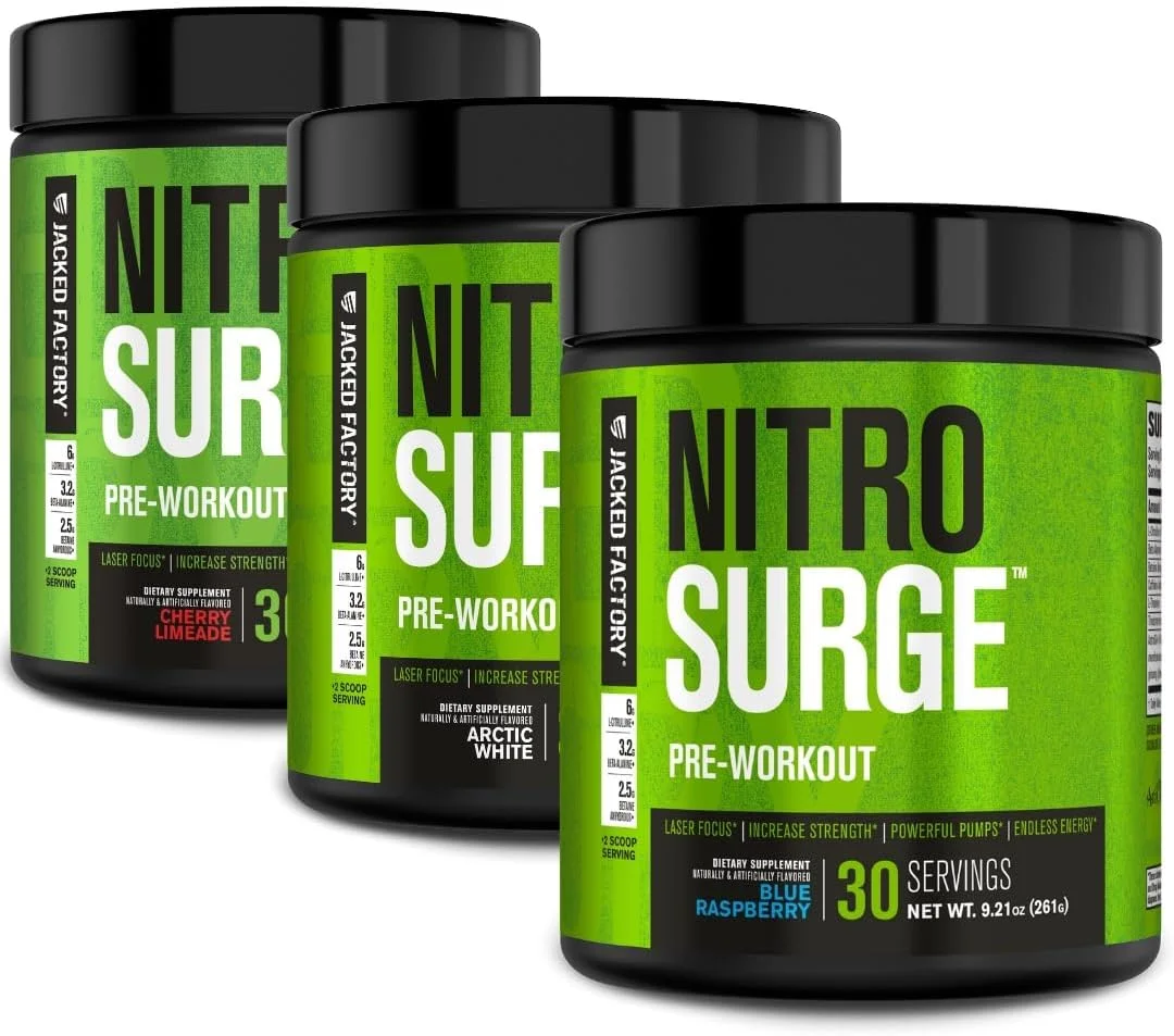 مکمل قبل از تمرین Jacked Factory NITROSURGE - انرژی بی پایان، افزایش فوری قدرت، تمرکز واضح، پمپاژ شدید | آلبالو لیمویی، تمشک آبی، سفید قطبی (90 سروینگ)