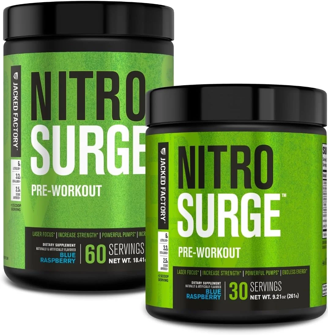 مکمل قبل از تمرین Jacked Factory NITROSURGE - تقویت کننده انرژی، افزایش فوری قدرت، تمرکز واضح و پمپ های شدید - تقویت کننده NO و پودر انرژی قدرتمند قبل از تمرین - 90 سروینگ، تمشک آبی