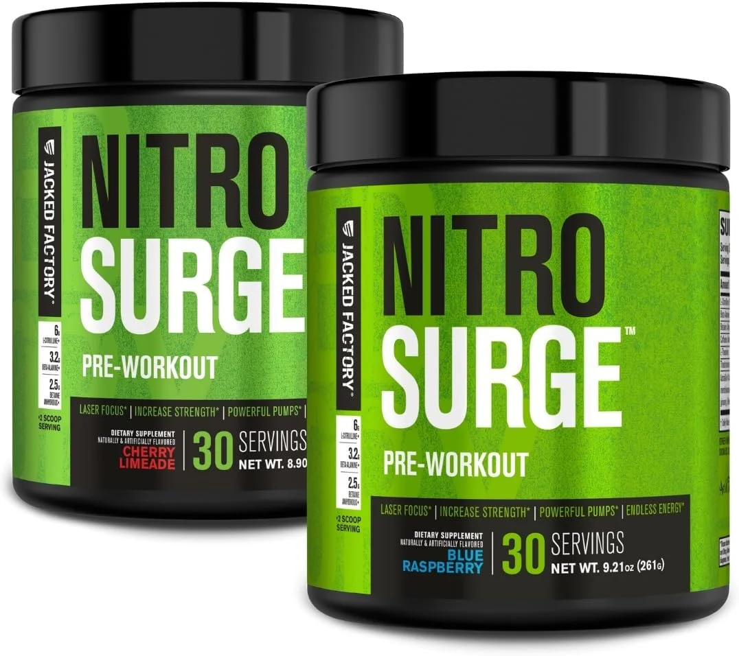 مکمل قبل از تمرین Jacked Factory NITROSURGE - انرژی بی پایان، افزایش فوری قدرت، تمرکز واضح (Cherry Limeade 30 سروینگ و Blue Raspberry 30 سروینگ)