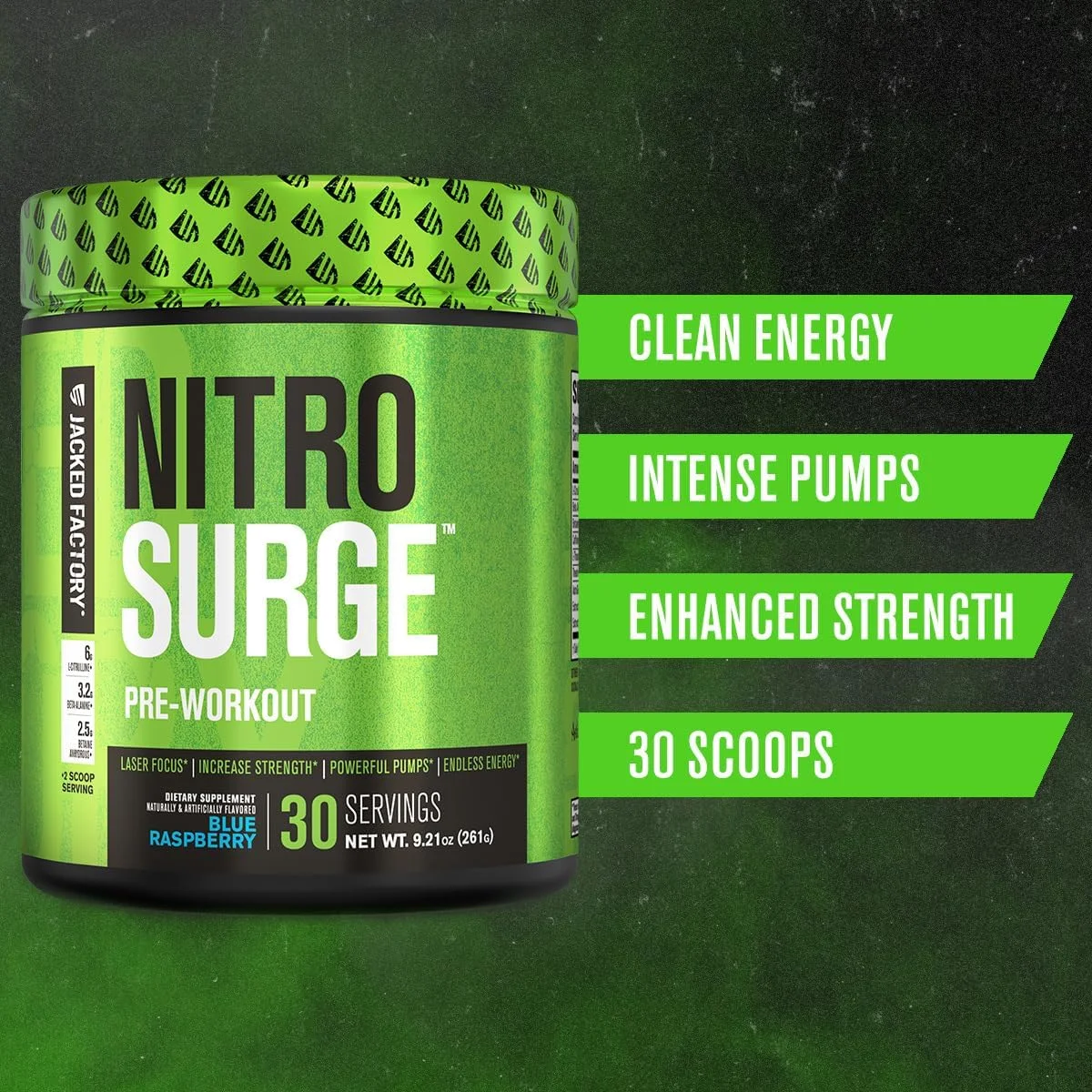 مکمل قبل از تمرین Jacked Factory NITROSURGE - انرژی بی پایان، افزایش فوری قدرت، تمرکز واضح، پمپاژ شدید | آلبالو لیمویی، تمشک آبی، سفید قطبی (90 سروینگ)