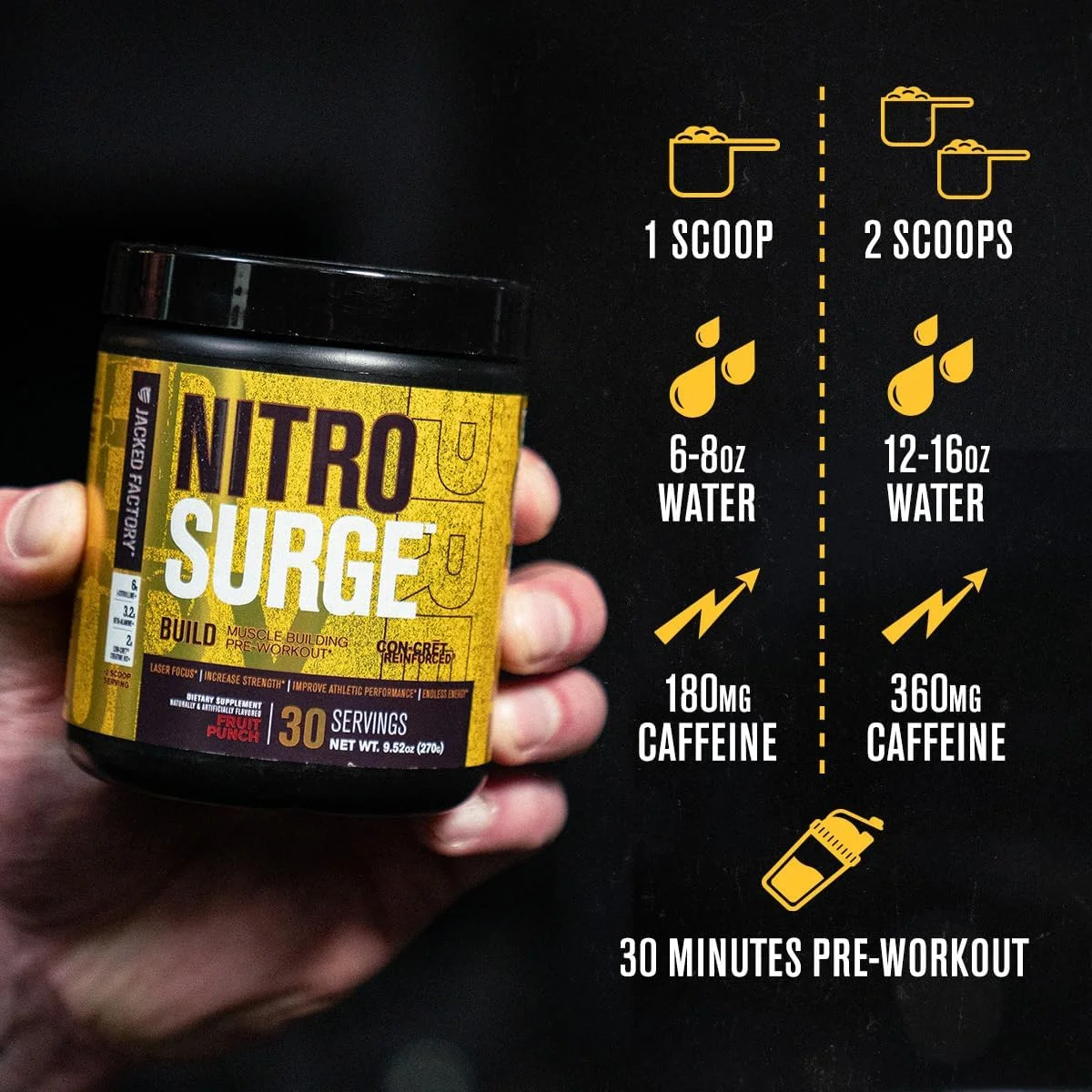 مکمل قبل از تمرین عضله ساز جکد فکتوری نیتروسرج بیلد با کراتین - پودر کراتین Con Cret و elevATP برای انرژی شدید، پمپ قدرتمند و استقامت بی پایان - 30 سروینگ، Cherry Bomb