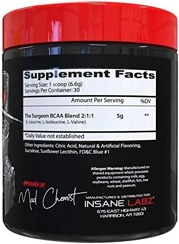پودر ریکاوری آمینو اسیدهای شاخه دار The Surgeon Labz Insane - نوشیدنی بعد از تمرین برای ریکاوری عضلات - 30 سروینگ (30 سروینگ (بسته 1 عددی)، تمشک آبی)