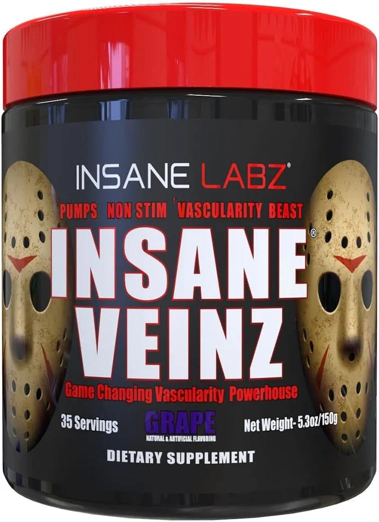 پودر افزایش دهنده نیتریک اکسید بدون محرک Insane Labz Insane Veinz، حاوی سولفات آگماتین و بتائین بی آب، افزایش عروق خونی، 35 سروینگ، انگور