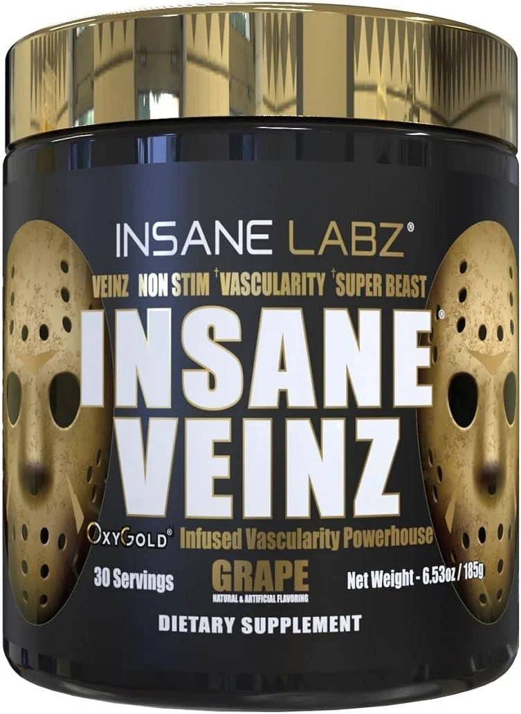 پودر قبل از تمرین بدون محرک اکسید نیتریک Insane Labz Insane Veinz Gold، حاوی Hydromax و Nitrosigine، افزایش دهنده جریان خون، 30 سروینگ، انگور