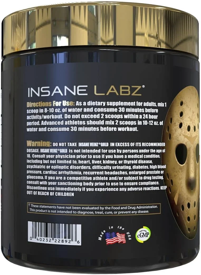 پودر قبل از تمرین بدون محرک اکسید نیتریک Insane Labz Insane Veinz Gold، حاوی Hydromax و Nitrosigine، افزایش دهنده جریان خون، 30 سروینگ، انگور