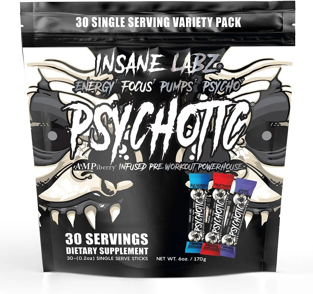 پودر مکمل قبل از تمرین Psychotic Black Edition از Insane Labz، افزایش انرژی و تمرکز، تقویت عضلات، حاوی کراتین، بتا آلانین و تورین، تقویت شده با AMPiberry، 30 سروینگ