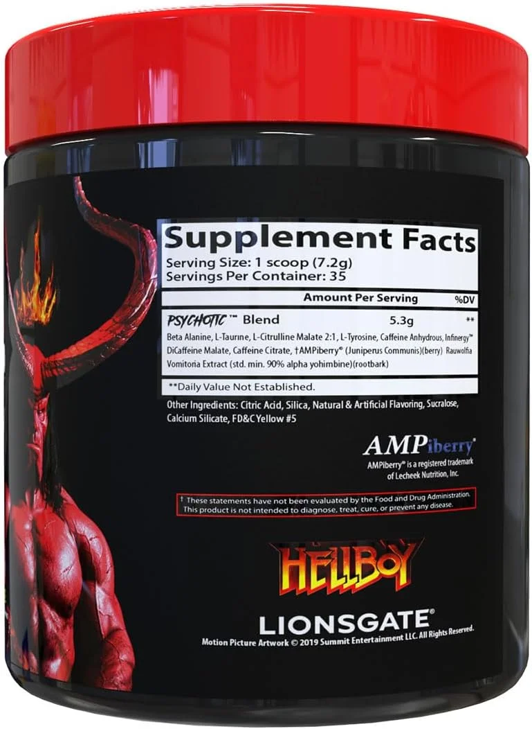 پودر پیش تمرین و تقویت کننده نیتریک اکسید Insane Labz Hellboy Edition، با بتا آلانین، ال سیترولین و کافئین، افزایش تمرکز، انرژی، استقامت، سطوح نیتریک اکسید، 35 سروینگ، لیموناد