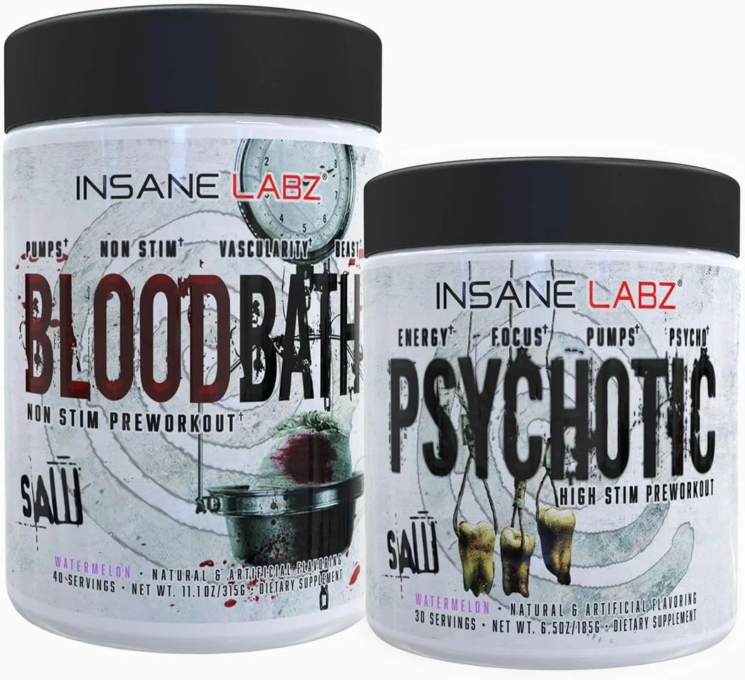 مجموعه مکمل پیش از تمرین Psychotic Saw® و Bloodbath Insane Labz، افزایش حجم عضلانی، عروق، قدرت، انرژی و تمرکز (هندوانه، 30 سروینگ)