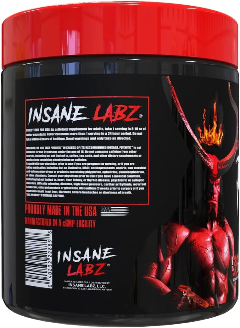 پودر پیش تمرین و تقویت کننده نیتریک اکسید Insane Labz Hellboy Edition، با بتا آلانین، ال سیترولین و کافئین، افزایش تمرکز، انرژی، استقامت، سطوح نیتریک اکسید، 35 سروینگ، لیموناد
