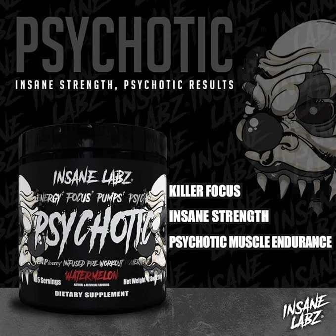 پودر مکمل قبل از تمرین Psychotic Black Edition از Insane Labz، افزایش انرژی و تمرکز، تقویت عضلات، حاوی کراتین، بتا آلانین و تورین، تقویت شده با AMPiberry، 30 سروینگ