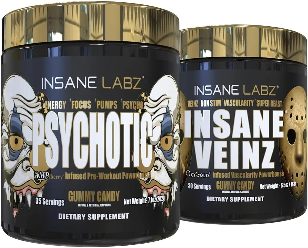 مجموعه مکمل قبل از تمرین Insane Labz Psychotic Gold و Insane Veinz Gold تقویت کننده نیتریک اکسید، افزایش حجم عضلانی، عروق، قدرت، انرژی، تمرکز، طعم پاستیل