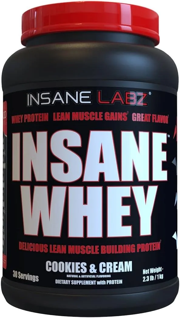 پروتئین وی Insane Labz، پروتئین وی ۱۰۰٪ عضله ساز، دارای آمینو اسیدهای شاخه دار (BCAA)، افزایش دهنده حجم، جایگزین وعده غذایی (کوکی و خامه، ۳۰ سروینگ)