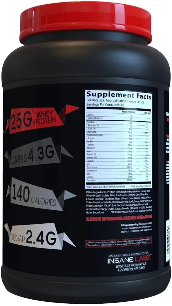 پروتئین وی Insane Labz، پروتئین وی ۱۰۰٪ عضله ساز، دارای آمینو اسیدهای شاخه دار (BCAA)، افزایش دهنده حجم، جایگزین وعده غذایی (کوکی و خامه، ۳۰ سروینگ)