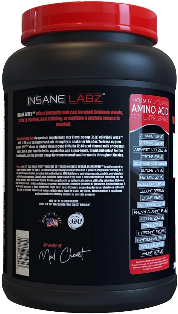 پروتئین وی Insane Labz، پروتئین وی ۱۰۰٪ عضله ساز، دارای آمینو اسیدهای شاخه دار (BCAA)، افزایش دهنده حجم، جایگزین وعده غذایی (کوکی و خامه، ۳۰ سروینگ)