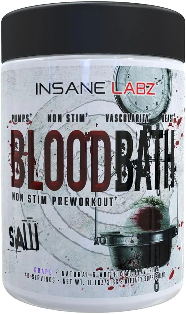 پودر پیش تمرین پمپ بدون محرک Insane Labz Saw® Bloodbath، حاوی نیتروسیژین®، OxyGold™، سولفات آگماتین، ال-سیترولین و بتائین انهیدروس، 40 سروینگ (انگور)