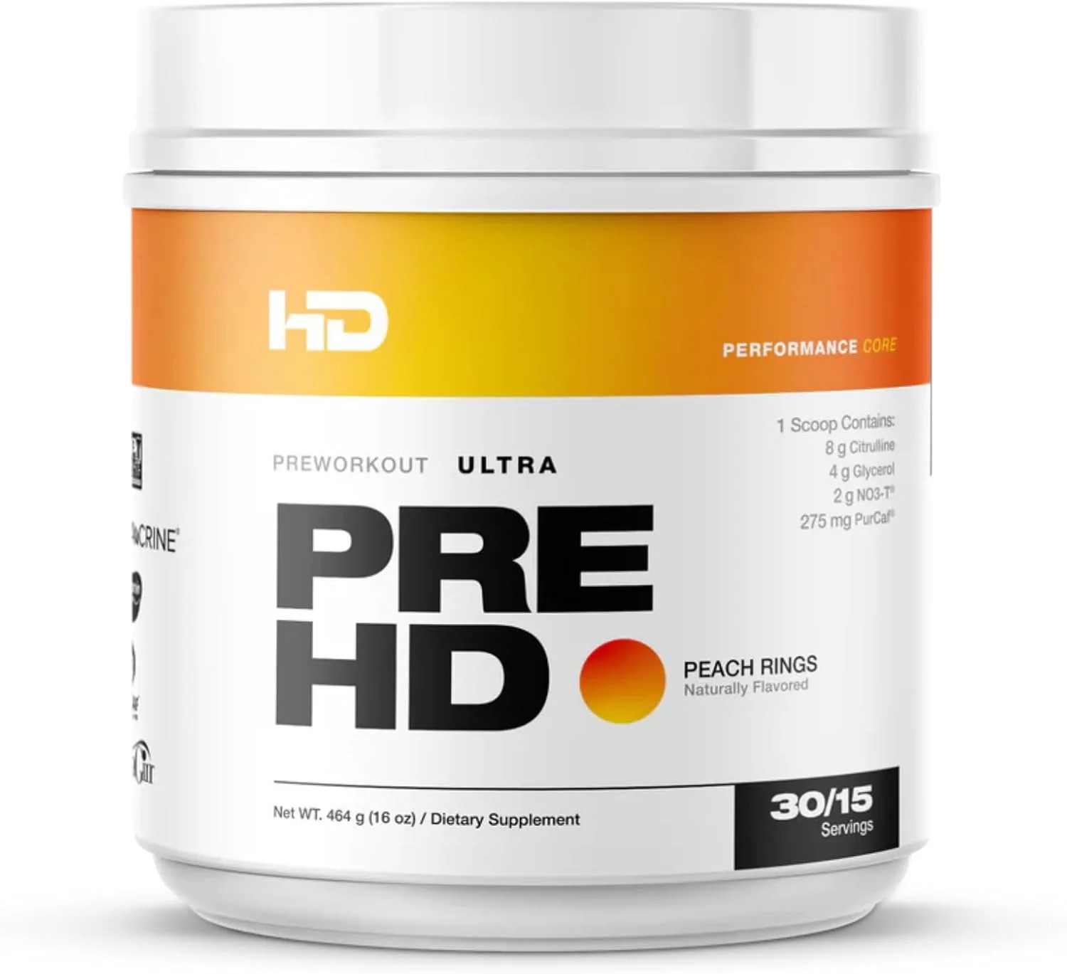 مکمل ورزشی قبل از تمرین HD MUSCLE PreHD Ultra | حاوی سیترولین، نیترات NO3-T، کراتین، بتا آلانین | 275 میلی گرم کافئین به عنوان Purcaf | 30/15 سروینگ (حلقه های هلو)