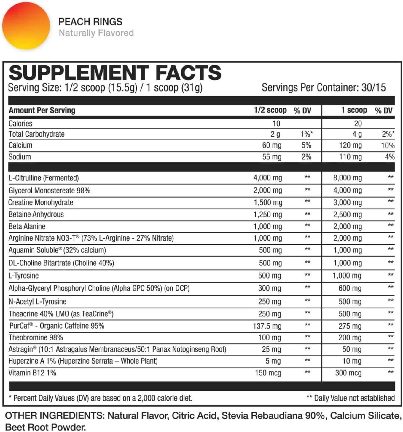 مکمل ورزشی قبل از تمرین HD MUSCLE PreHD Ultra | حاوی سیترولین، نیترات NO3-T، کراتین، بتا آلانین | 275 میلی گرم کافئین به عنوان Purcaf | 30/15 سروینگ (حلقه های هلو)