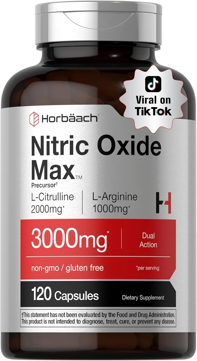 مکمل اکسید نیتریک Horbäach | 3000 میلی گرم | 120 کپسول | قبل از تمرین با ال آرژنین و ال سیترولین برای مردان و زنان | فرمول غیر GMO و بدون گلوتن