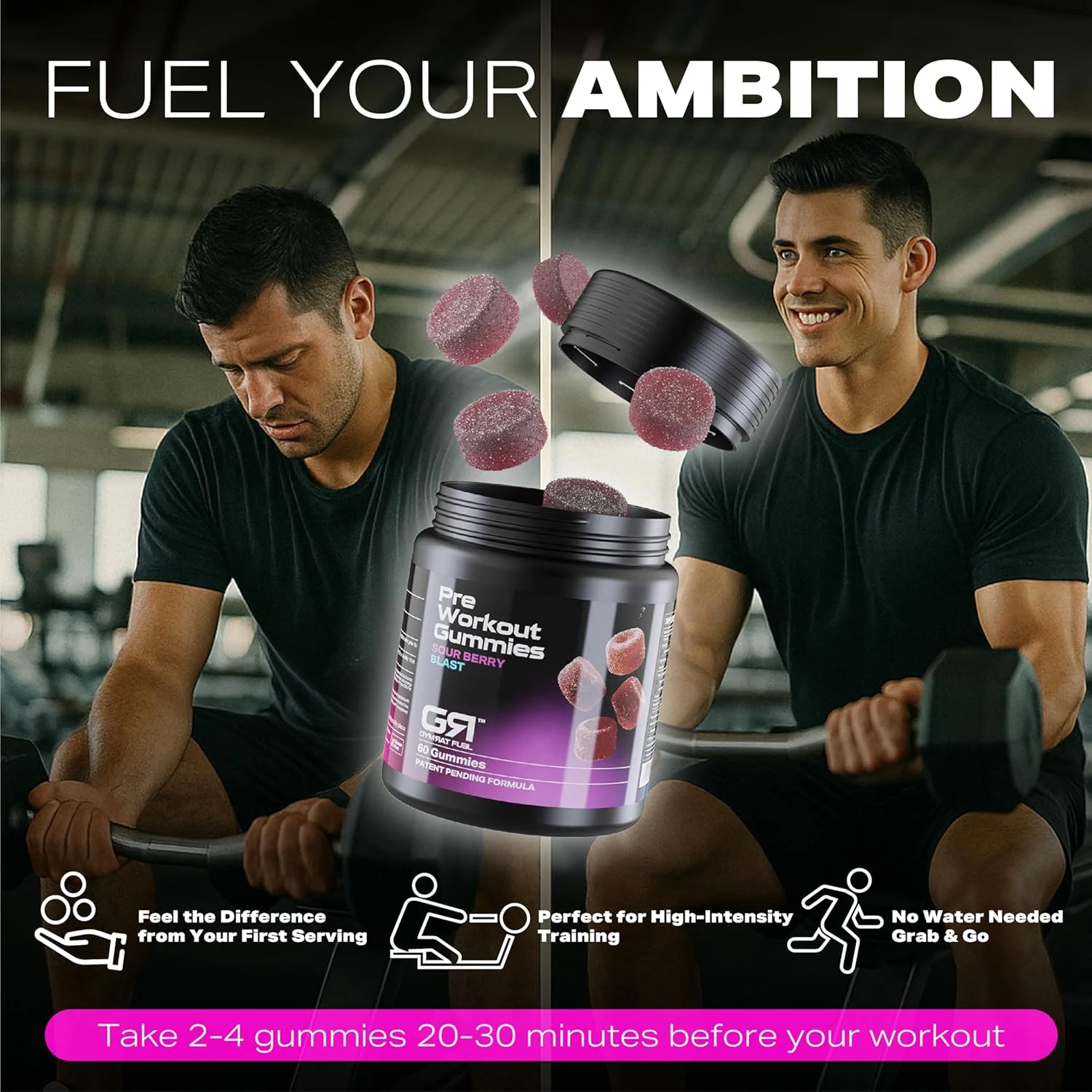 پاستیل قبل تمرین GymRat – طعم ترش بری، انرژی و تمرکز شدید، اولین محصول با Purple Force™، Vasodrive-AP، گوارانا، نخود و ال-تیانین – ساخت آمریکا و دارای گواهی GMP (60 عدد)