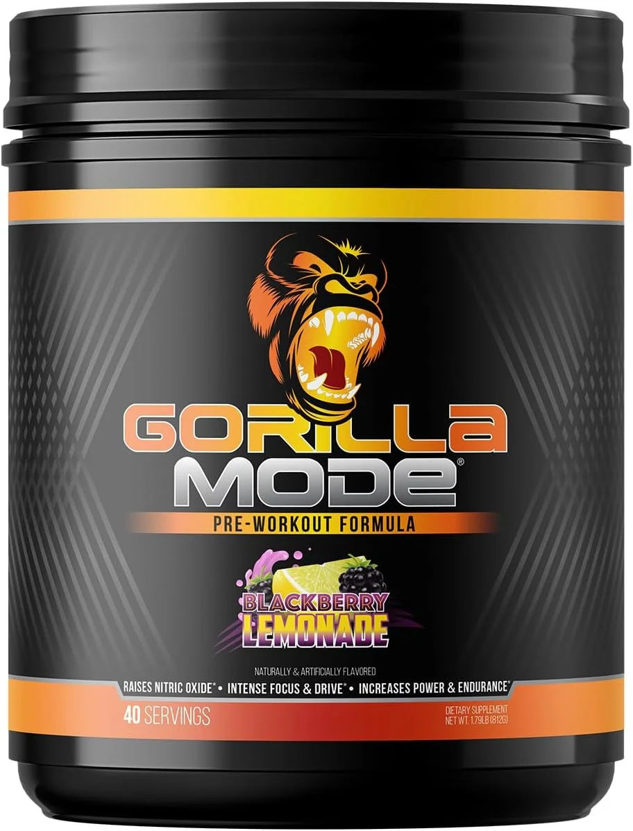مکمل قبل از تمرین گوریلا مایند - افزایش پمپاژ، تمرکز لیزری، انرژی و قدرت - ال-سیترولین، کراتین، ال-تیروزین، بتائین، هیدروپرایم، آلفا-GPC، 400 میلی گرم کافئین، هوپرزین A، 800 گرم (بلک بری لیموناد)
