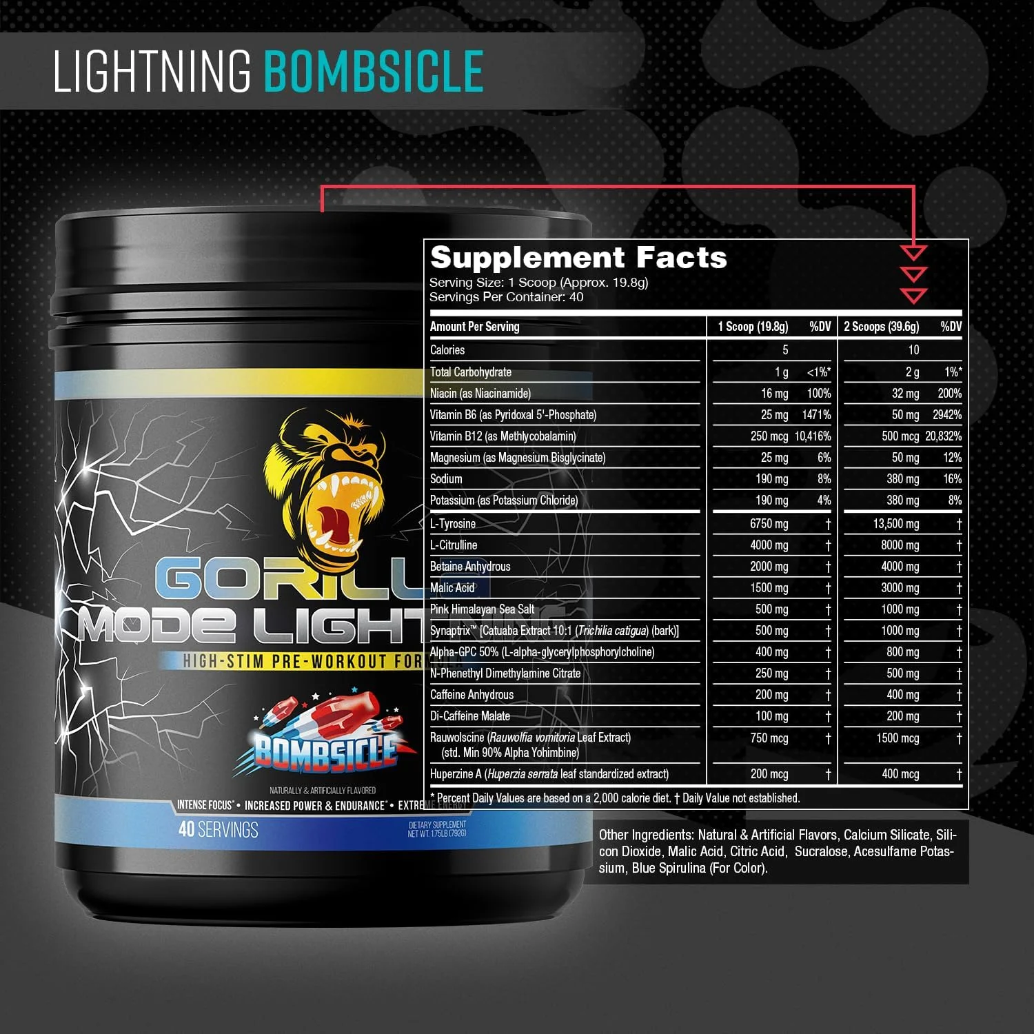مکمل پیش از تمرین گوریلا مود لایتنینگ - انرژی فوق العاده · تمرکز لیزری · پمپ های قدرتمند · عملکرد اوج - 550 میلی گرم کافئین، 13500 میلی گرم ال-تیروزین، آلفا-GPC – 792 گرم (بمب یخی)