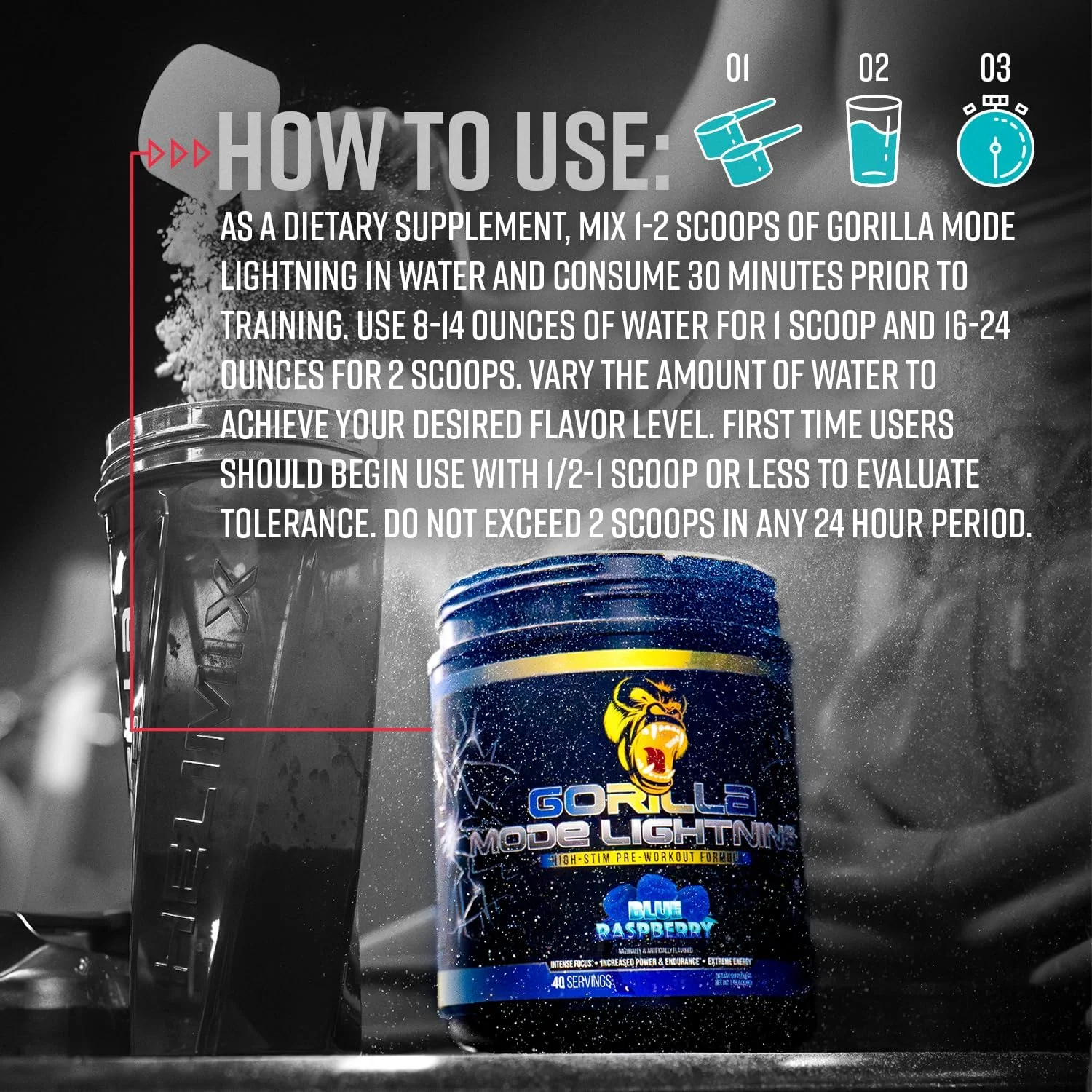 مکمل پیش از تمرین گوریلا مود لایتنینگ - انرژی فوق العاده · تمرکز لیزری · پمپ های قدرتمند · عملکرد اوج - 550 میلی گرم کافئین، 13500 میلی گرم ال-تیروزین، آلفا-GPC – 792 گرم (بمب یخی)