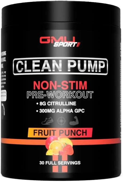 مکمل پیش از تمرین بدون محرک GMU SPORT Clean Pump، 8 گرم سیترولین، 300 میلی گرم آلفا GPC - مکمل پیش از تمرین طبیعی برای آقایان و بانوان - پیش از تمرین بدون محرک با انرژی آمینو و استقامت، 30 سروینگ، پانچ میوه