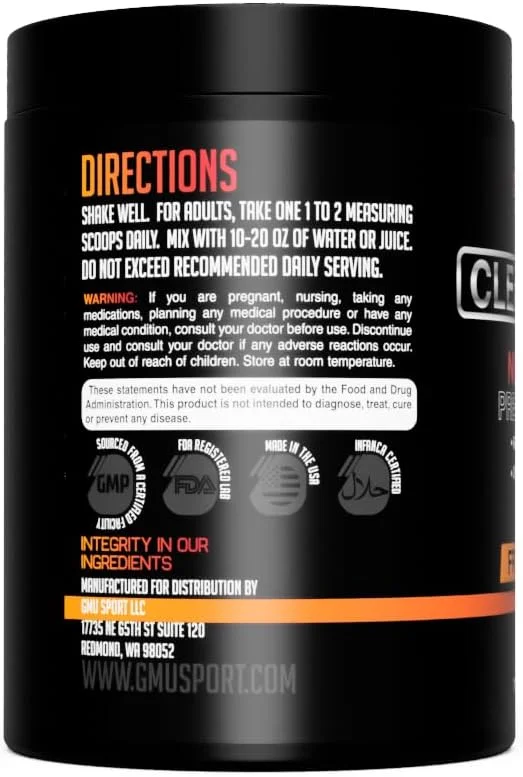 مکمل پیش از تمرین بدون محرک GMU SPORT Clean Pump، 8 گرم سیترولین، 300 میلی گرم آلفا GPC - مکمل پیش از تمرین طبیعی برای آقایان و بانوان - پیش از تمرین بدون محرک با انرژی آمینو و استقامت، 30 سروینگ، پانچ میوه