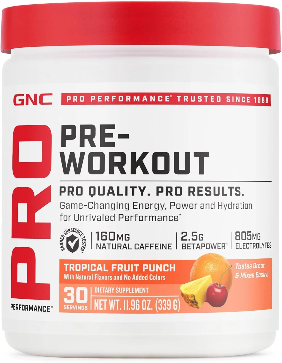 پودر مکمل قبل از تمرین ورزشی GNC Pro Performance برای آقایان و بانوان، انرژی، هیدراتاسیون، تمرکز، بدون شکر، بدون گلوتن، مکمل عملکرد، پانچ میوه های استوایی، 30 سروینگ