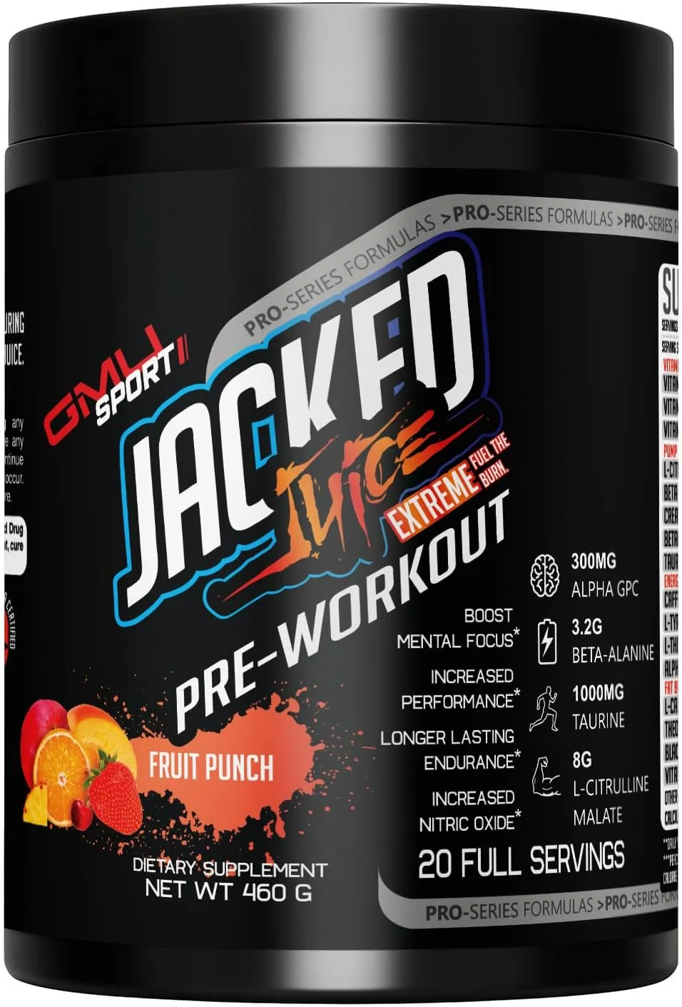 مکمل قبل از تمرین GMU SPORT Jacked Juice | انرژی انفجاری، تمرکز و پمپ عضلانی | 8 گرم سیترولین مالات، 3 گرم کراتین، بتا آلانین، آلفا-GPC | 250 میلی گرم کافئین | 40 سروینگ پانچ میوه