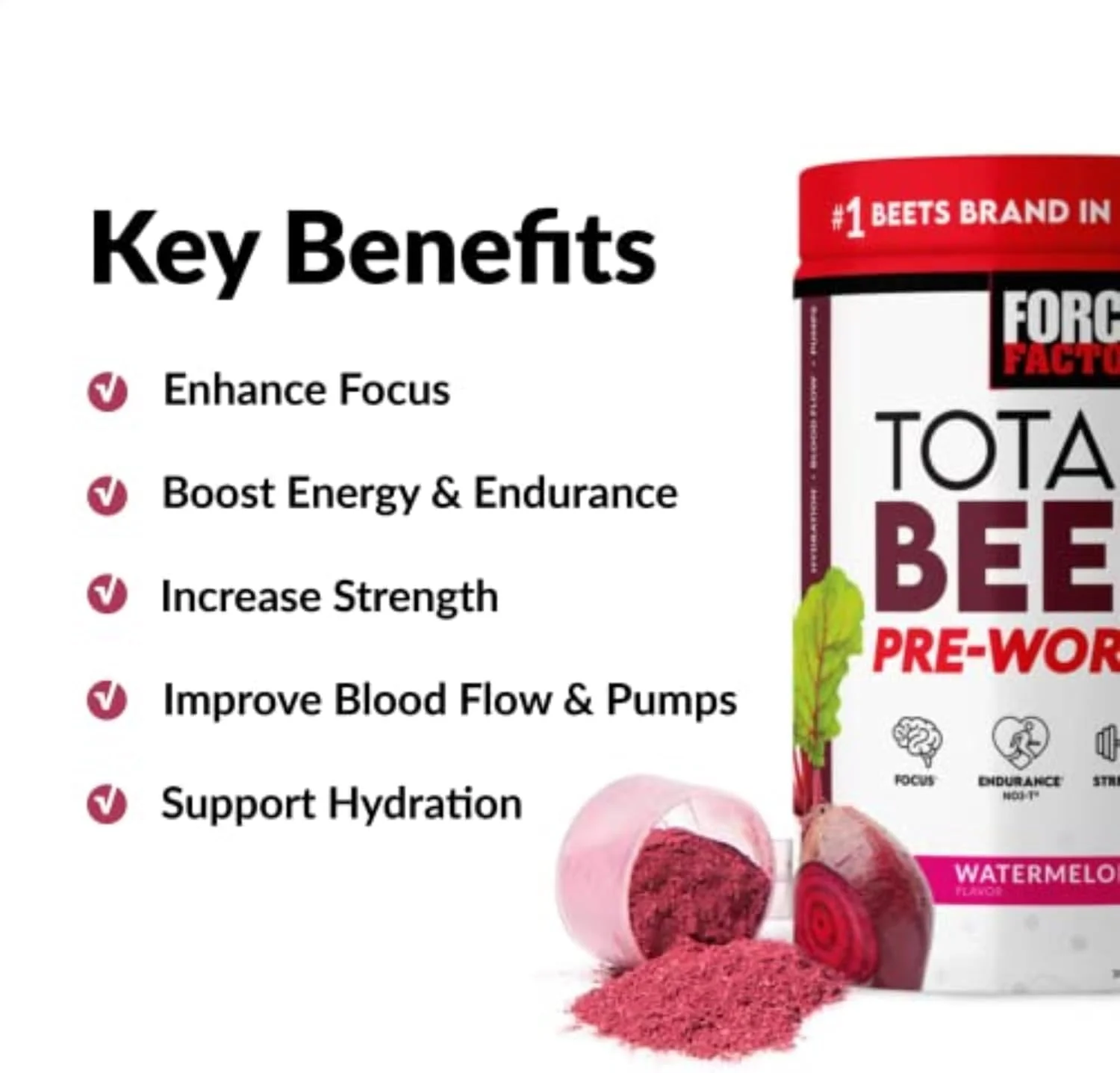 پودر پیش از تمرین Total Beets FORCE FACTOR برای افزایش انرژی و استقامت، افزایش قدرت و بهبود جریان خون و پمپاژ، مکمل اکسید نیتریک با پودر ریشه چغندر و هندوانه، 30 سروینگ