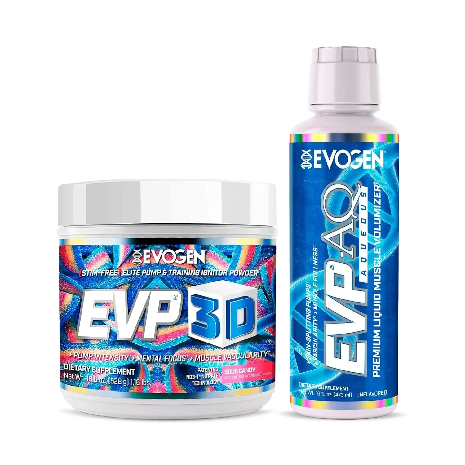 مجموعه اووجن EVP 3D + EVP AQ | پودر قبل از تمرین بدون محرک و حجم دهنده گلیسیرول مایع برای مردان و زنان | بتا آلانین، کراتین، اکسید نیتریک و فرمول آبرسانی | آبنبات ترش + بدون طعم